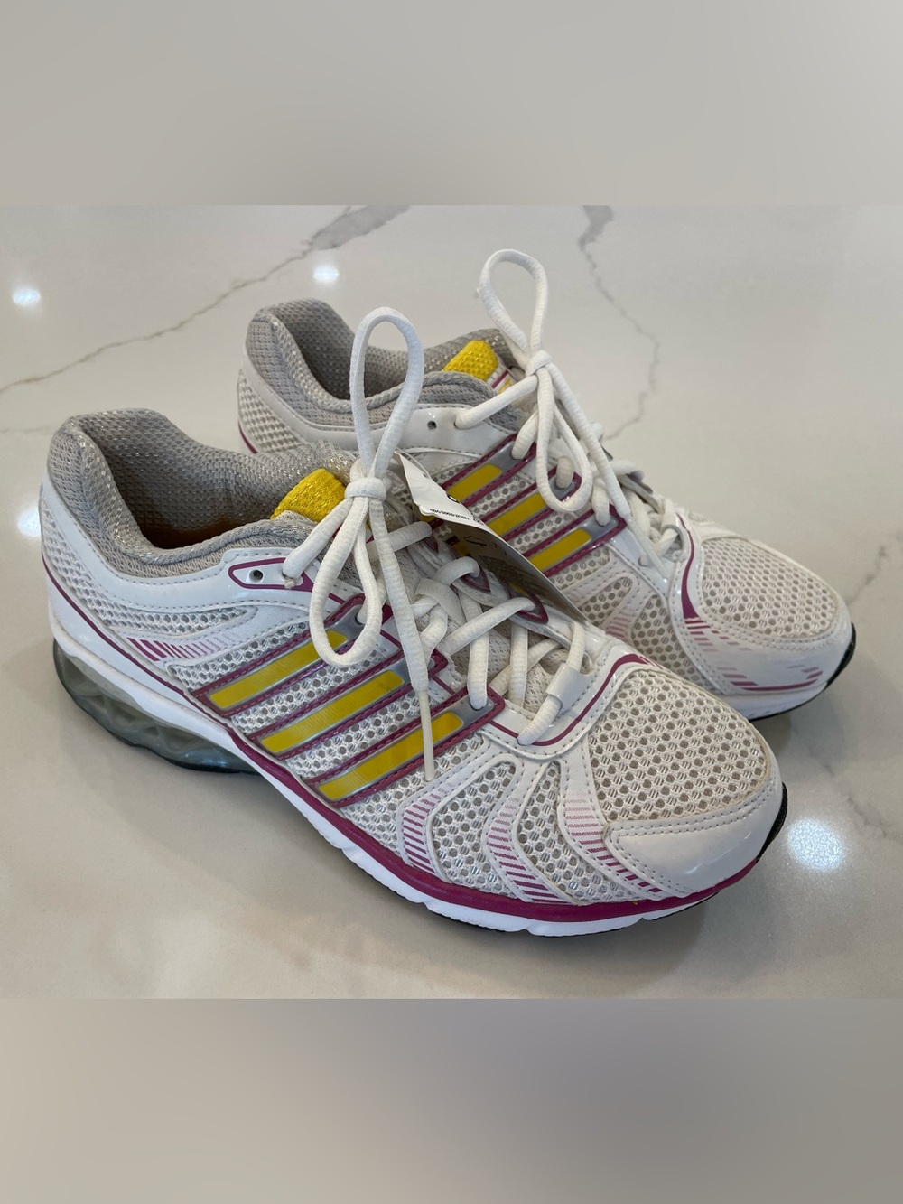 Brand New adidas Women's White Mesh Running Shoes with Yellow and Pink Accents